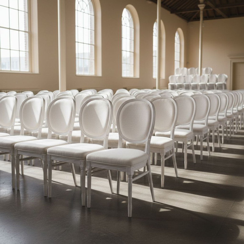 Процесс подготовки зала к мероприятию: расстановка арендованных стульев и проверка качества мебели перед приходом гостей.