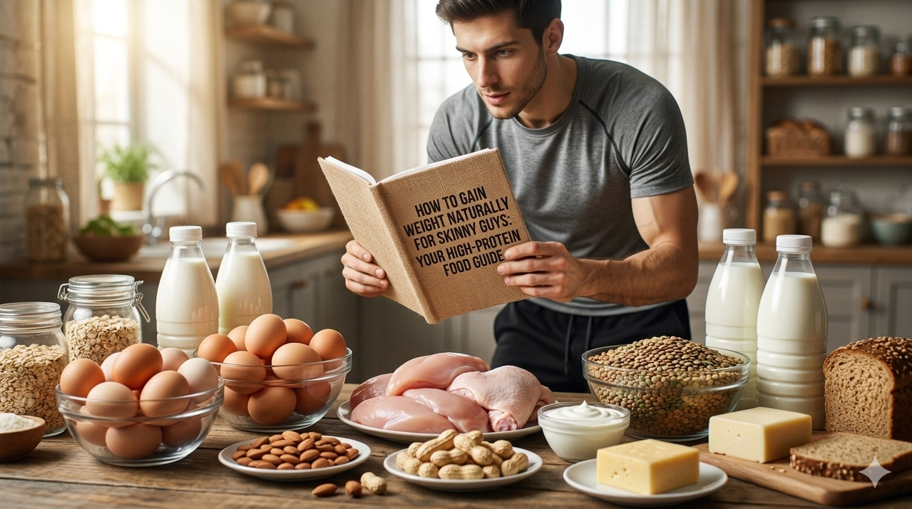 Assortment of high-protein foods including eggs, chicken, milk, and lentils for how to gain weight naturally for skinny guys