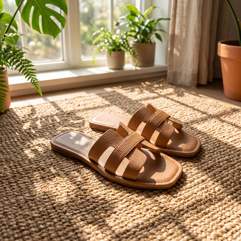 Mujer caminando por un paseo costero luciendo las Sandalias Viena Café Amaretto