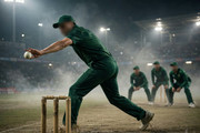 Pakistan left-arm spinner delivering a ball under floodlights at Rawalpindi