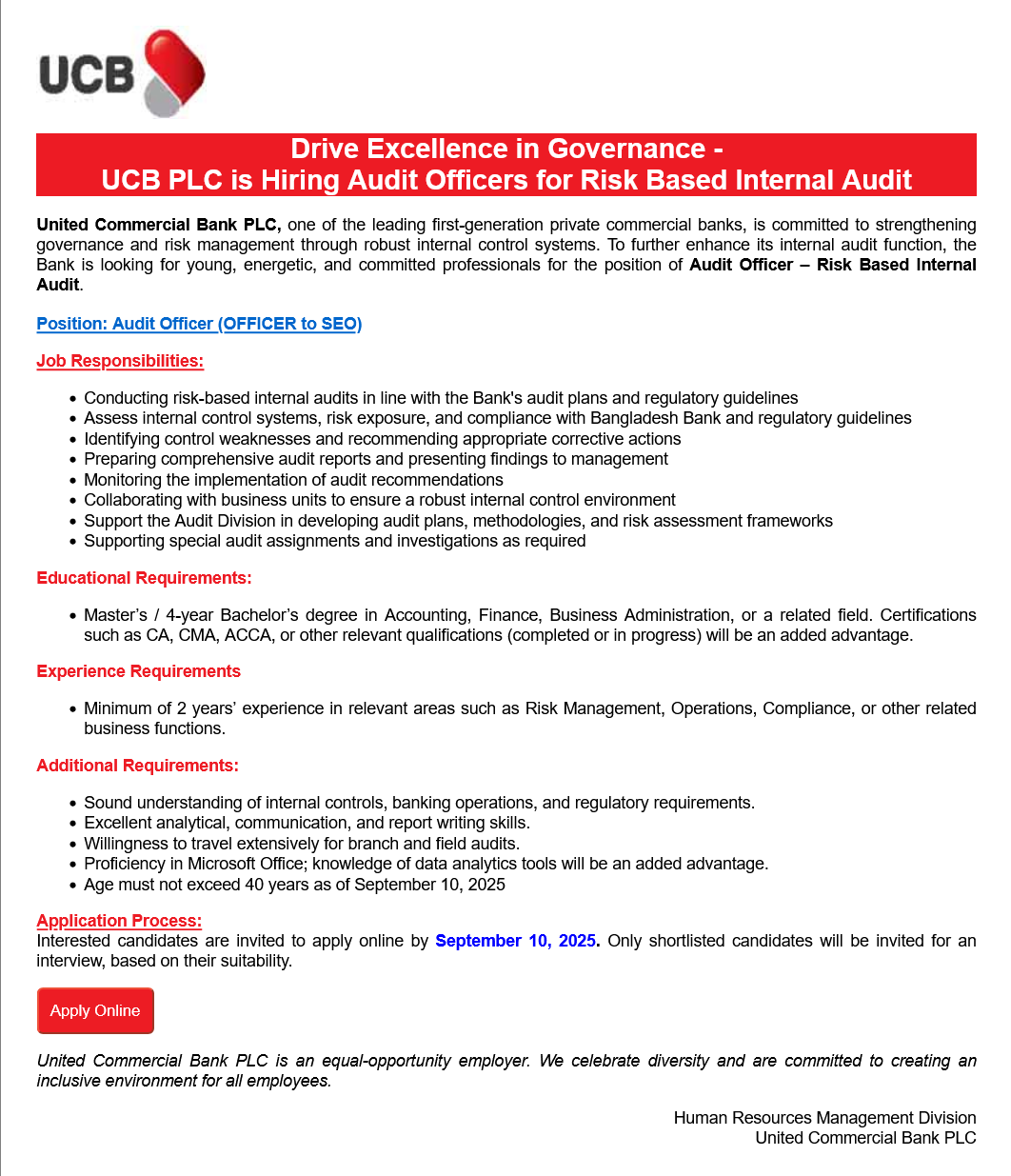 United Commercial Bank Job Circular 2025