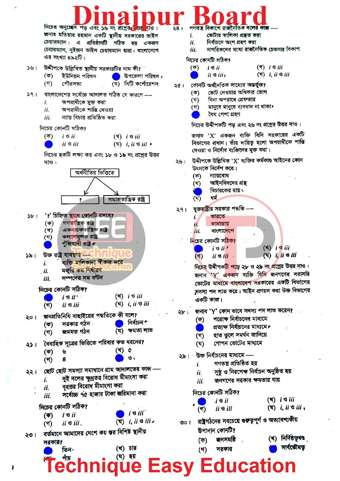 দিনাজপুর বোর্ড এসএসসি পৌরনীতি ও নাগরিকতা প্রশ্ন সমাধান ২০২৬