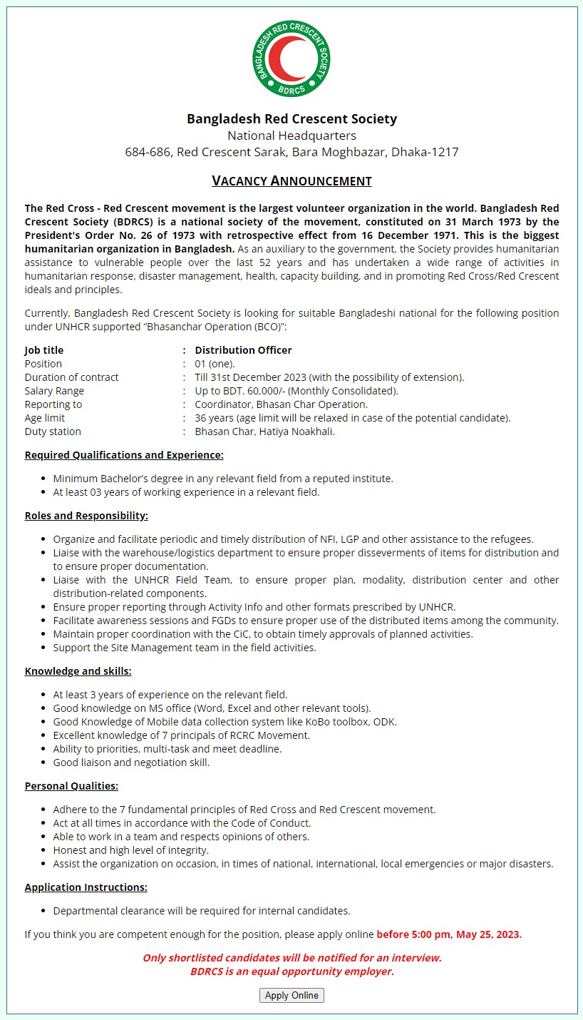 Bangladesh RED Crescent Society Job Circular 2023
