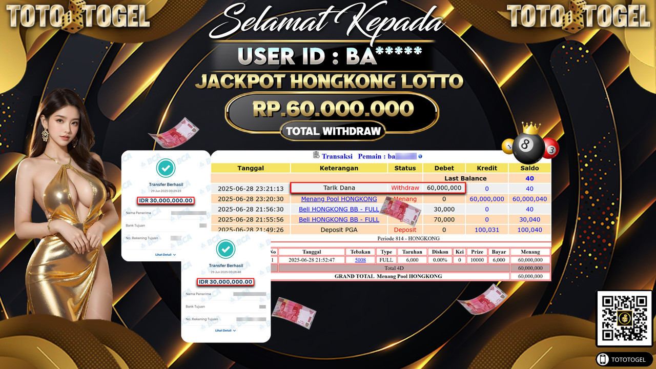 Bukti Pembayaran Jackpot Permainan Togel Hongkong Lotto ID:BA***** LUNAS