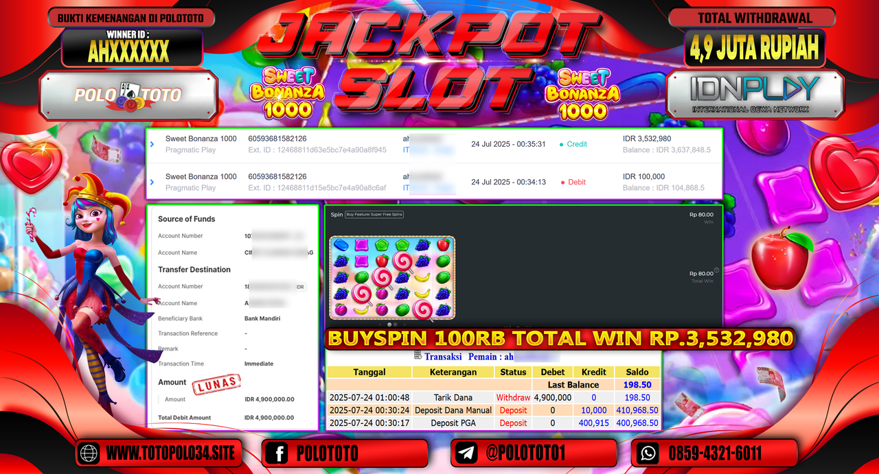 POLOTOTO JACKPOT SLOT SWEET BONANZA 1000 Rp.4.900.000,-