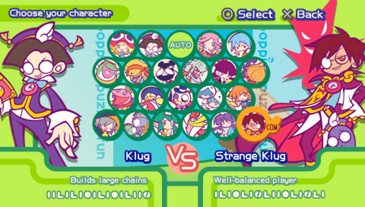 A screenshot from the Quick Battle Character Select menu.Klug is on the left and Strange Klug is on the right. The game is displaying their Fever dropsets underneath their names.