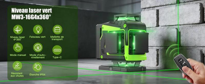 Équipé d'un laser vert haute visibilité et d'une précision de ±0,2 mm/m, ce niveau 4D 16 lignes offre une couverture totale et une exactitude professionnelle pour tous vos travaux de nivellement et d'alignement.