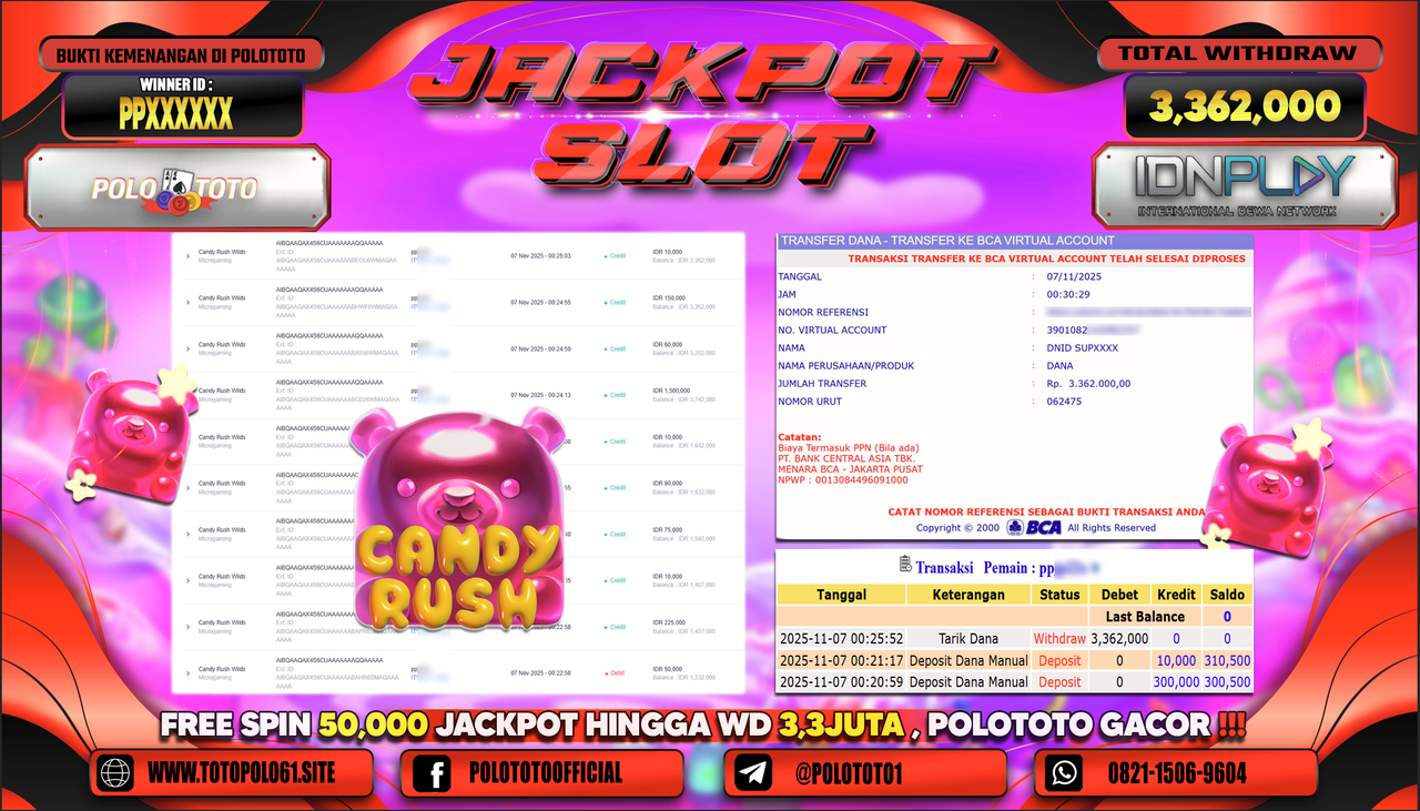 POLOTOTO JACKPOT SLOT CANDY RUSH WILDS Rp.3.362.000,- LUNAS