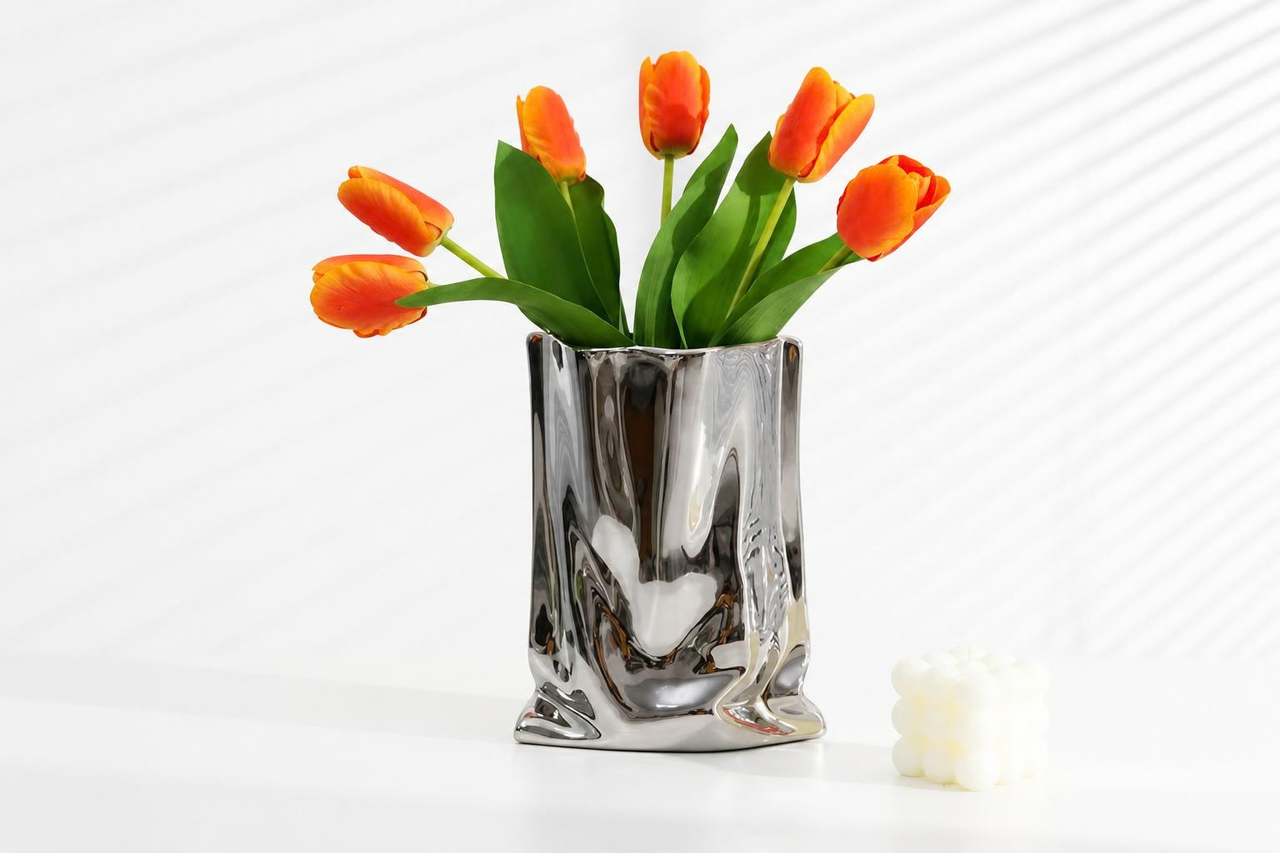Ceramic silver crinkle paper shape flower vase decorative home accent