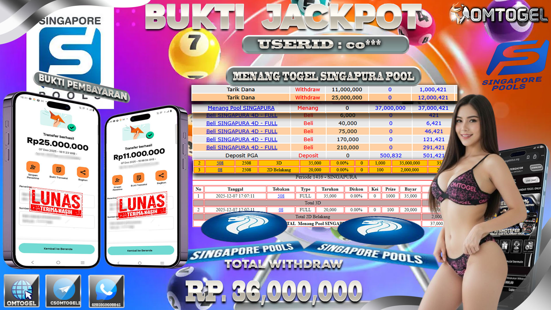 OMTOGEL JACKPOT TOGEL SINGAPURA POOLS ,36 JUTA DI BAYAR LUNAS ,-