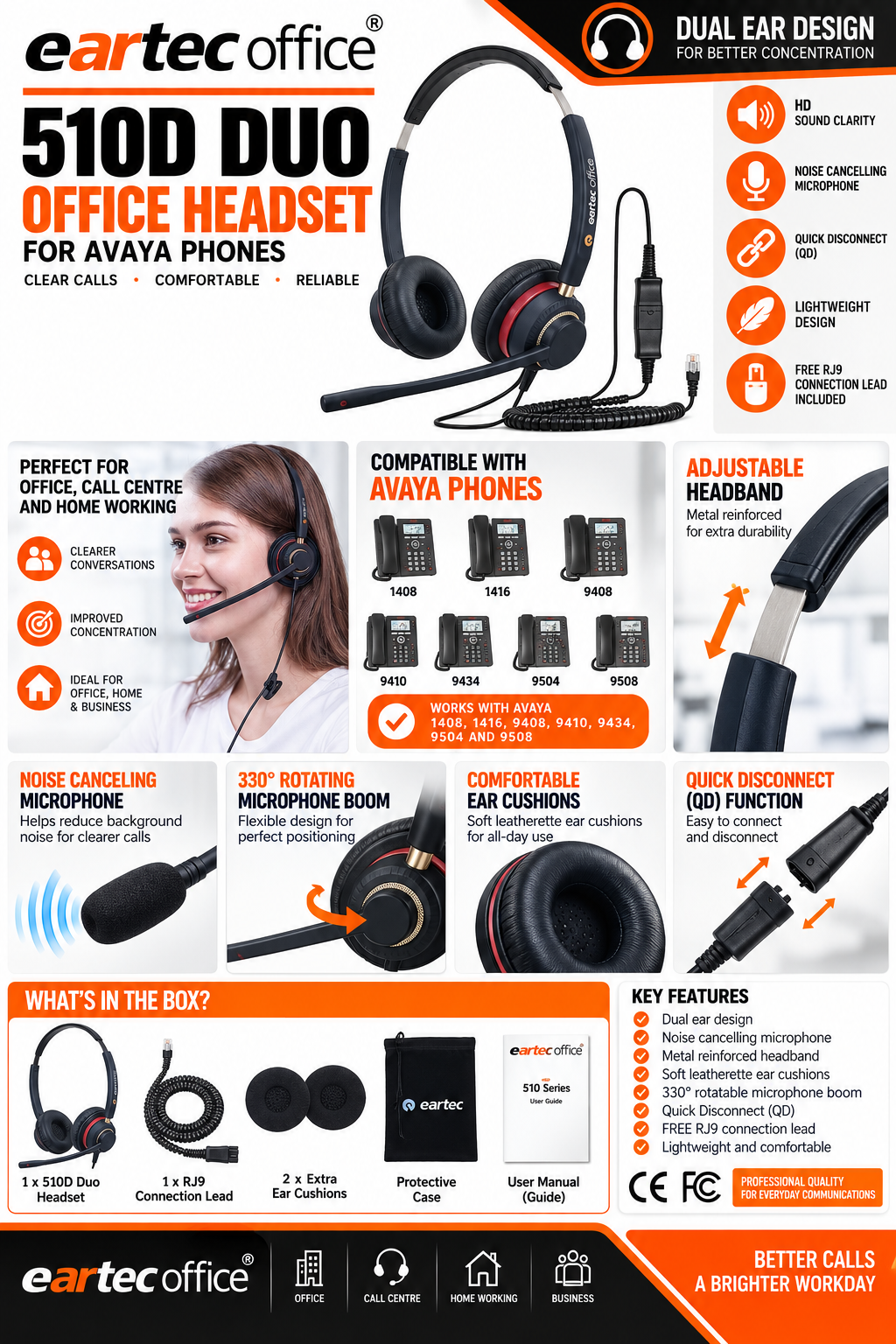 Eartec Office 510D Duo professional dual ear RJ9 headset for compatible Avaya phones