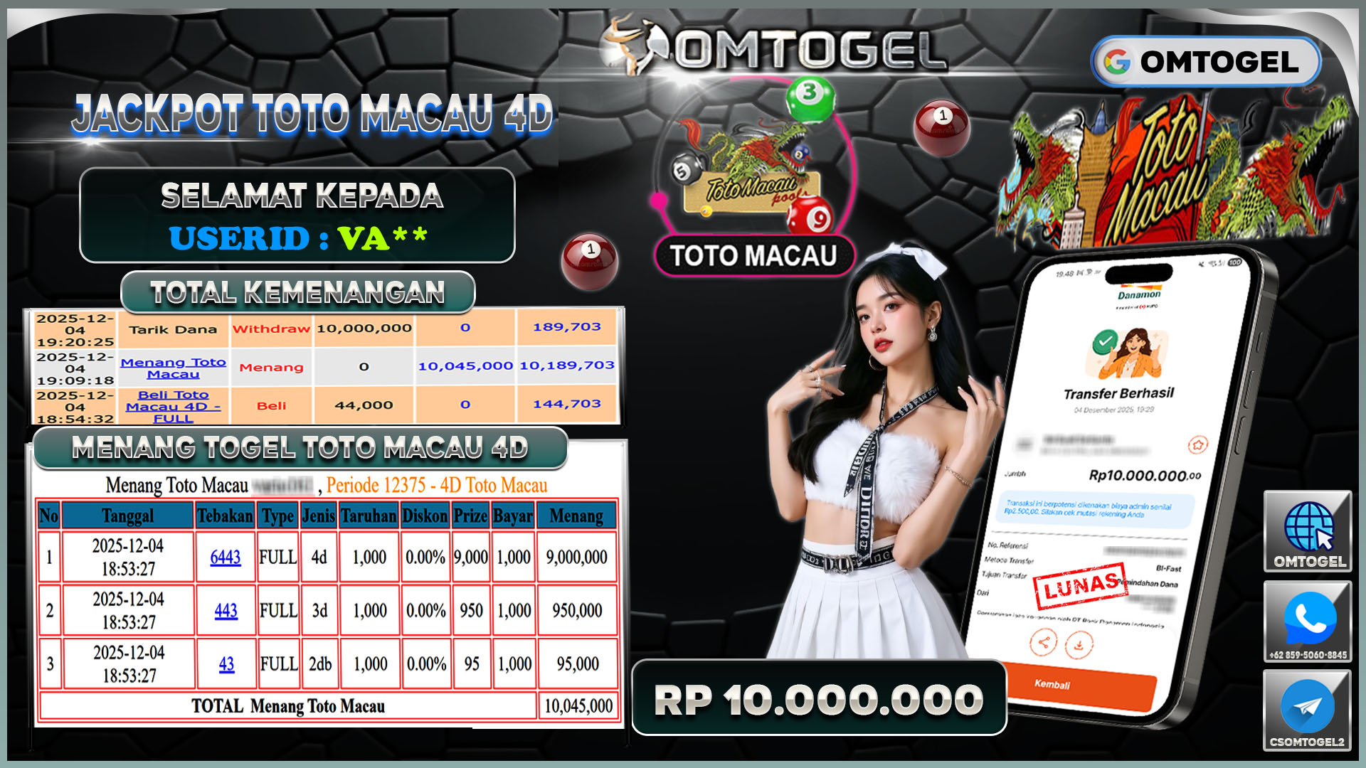 OMTOGEL JACKPOT TOGEL TOTOMACAU4D WIN 4D ,3D & 2D  ,10 JUTA DI BAYAR LUNAS ,-