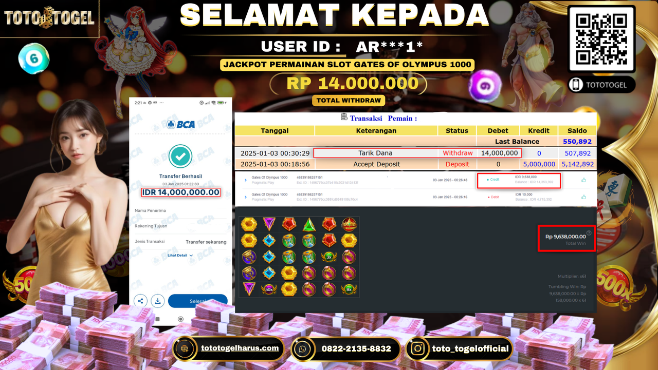 Bukti Pembayaran Jackpot  Permainan Slot Gates Of Olympus 1000   : AR***1* LUNAS