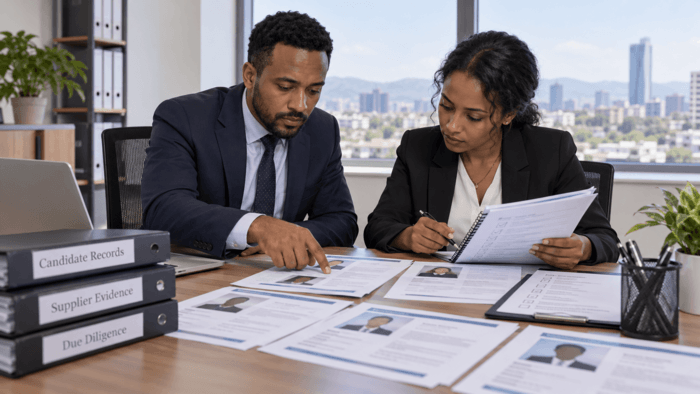 Ethiopian recruitment specialists reviewing candidate profiles and supporting records to verify a manpower supplier's sourcing capabilities.