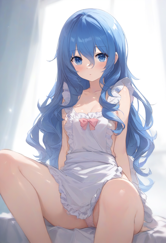 1girl, yoshino (date a live), nearly naked apron, underwear, blue hair, blue eye s-75489564
