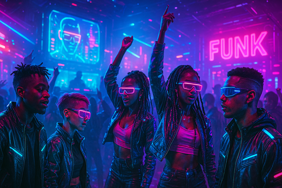 Futuristic cyberpunk party with people dancing under neon lights, wearing cyberpunk outfits with LED accessories, in a warehouse setting with holographic displays and laser lights