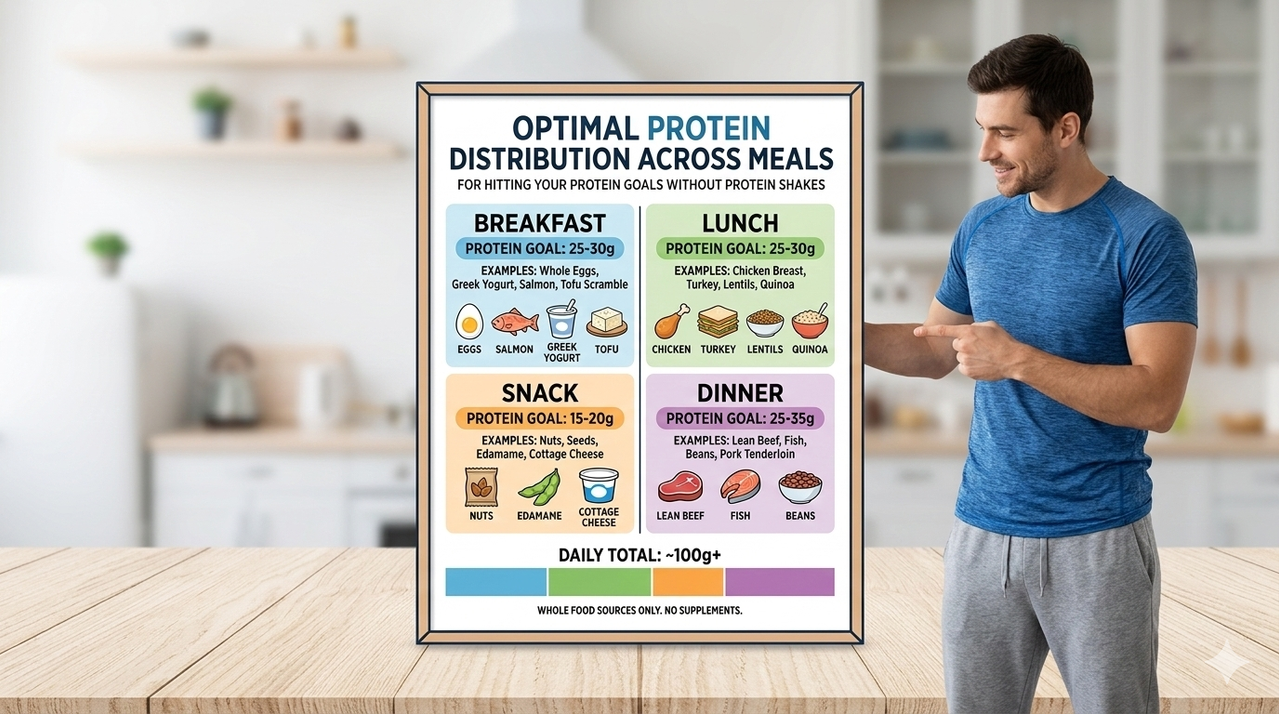 Chart showing optimal protein distribution across meals for how to hit your protein goals without protein shakes