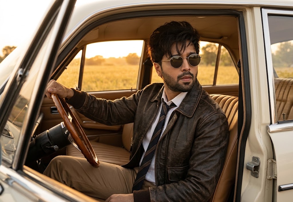 AI-generated example result for the creative-images prompt: Vintage Car Driver Golden Hour Portrait by Prompt Craft