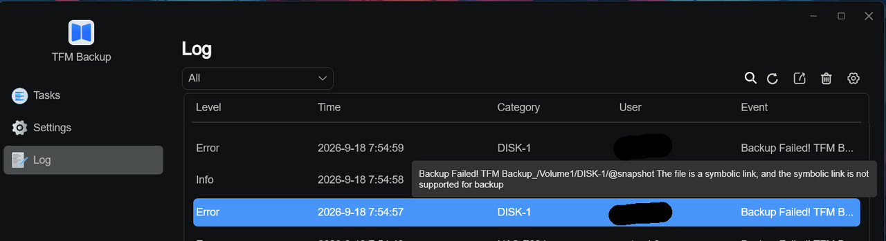 TFM Backup error screen shot