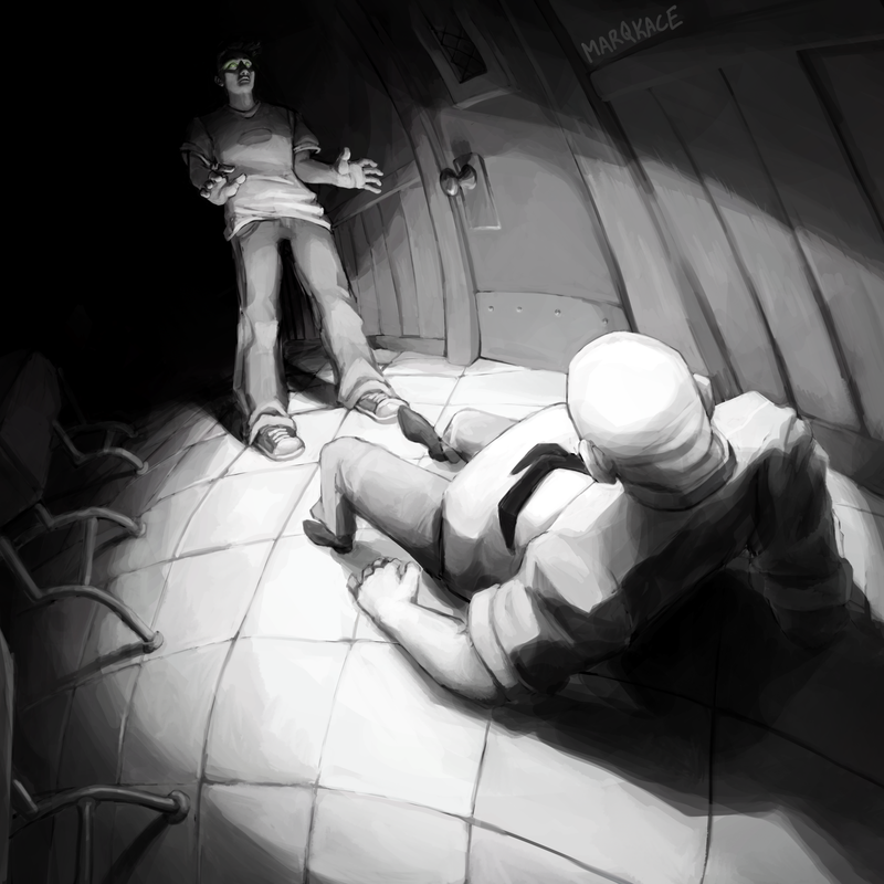 Danny is standing over Lancer, having just pushed him down. The lighting is in grayscale, reminisant of an old horror movie. Danny's eyes are glowing green.