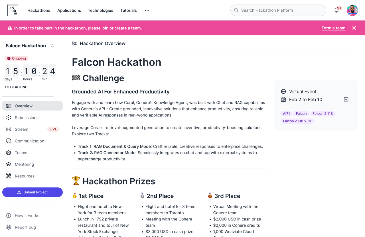 Hackathon event page screen with sign-up and event details.