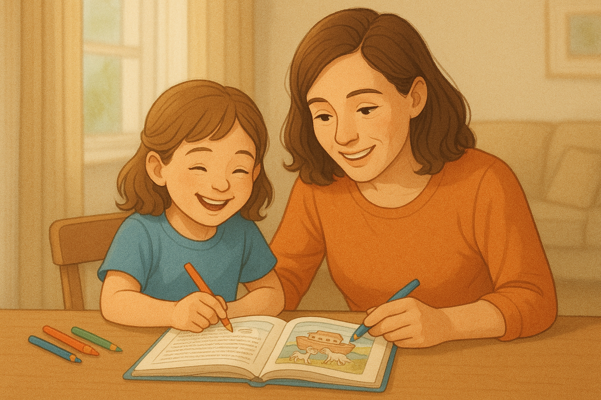Mãe e filho usando o devocional