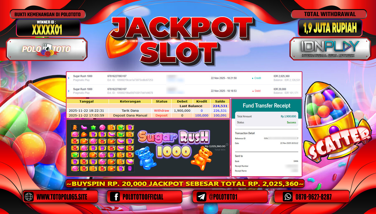 POLOTOTO JACKPOT SLOT SUGAR RUSH 1000 Rp.1.900.000,- LUNAS