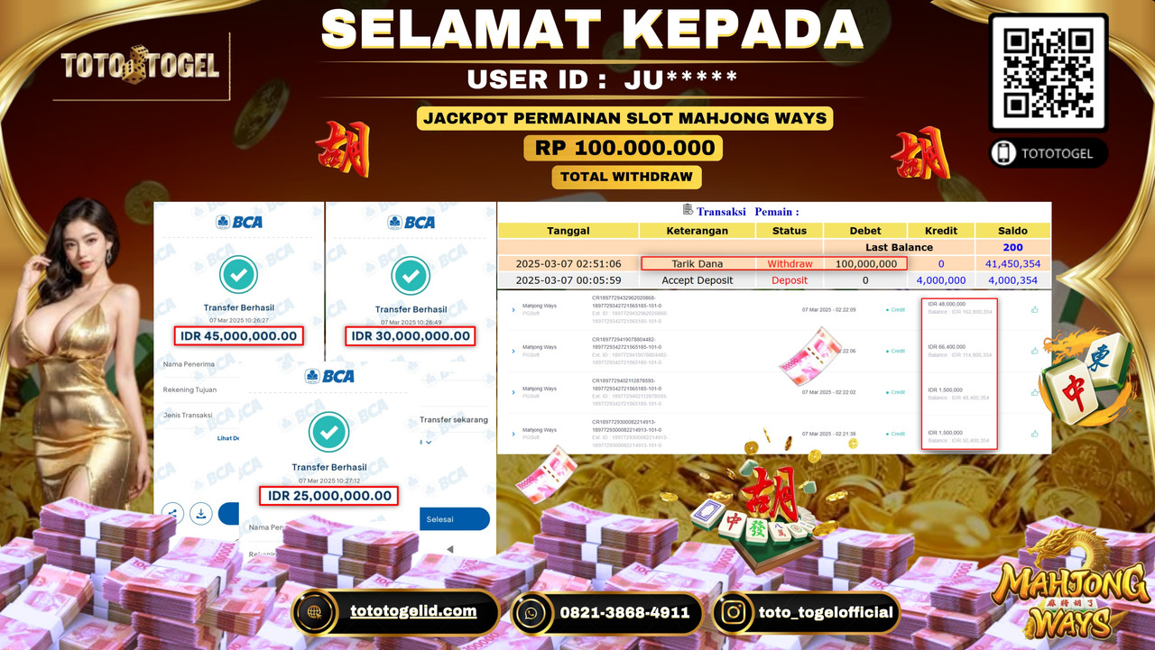 Bukti Pembayaran Jackpot  Permainan Slot Mahjong Ways  ID:JU***** LUNAS