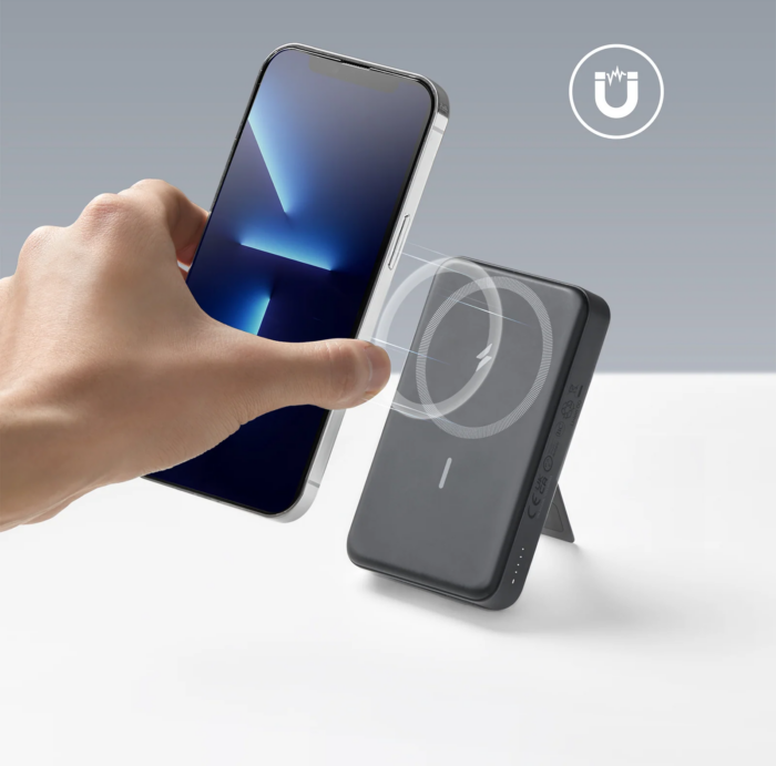 Cargador portátil inalámbrico Anker 633 MagGo con soporte plegable.