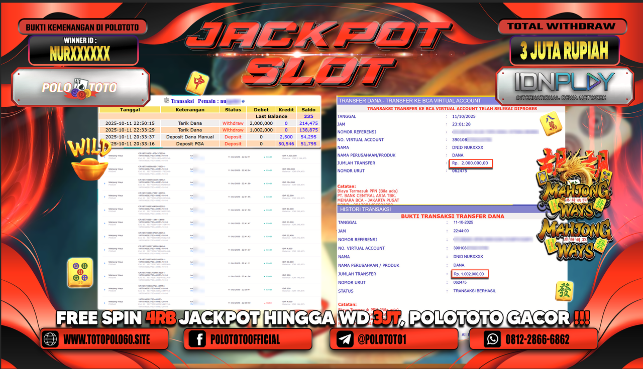 POLOTOTO JACKPOT SLOT MAHJONG WAYS Rp.3.000.000,- LUNAS