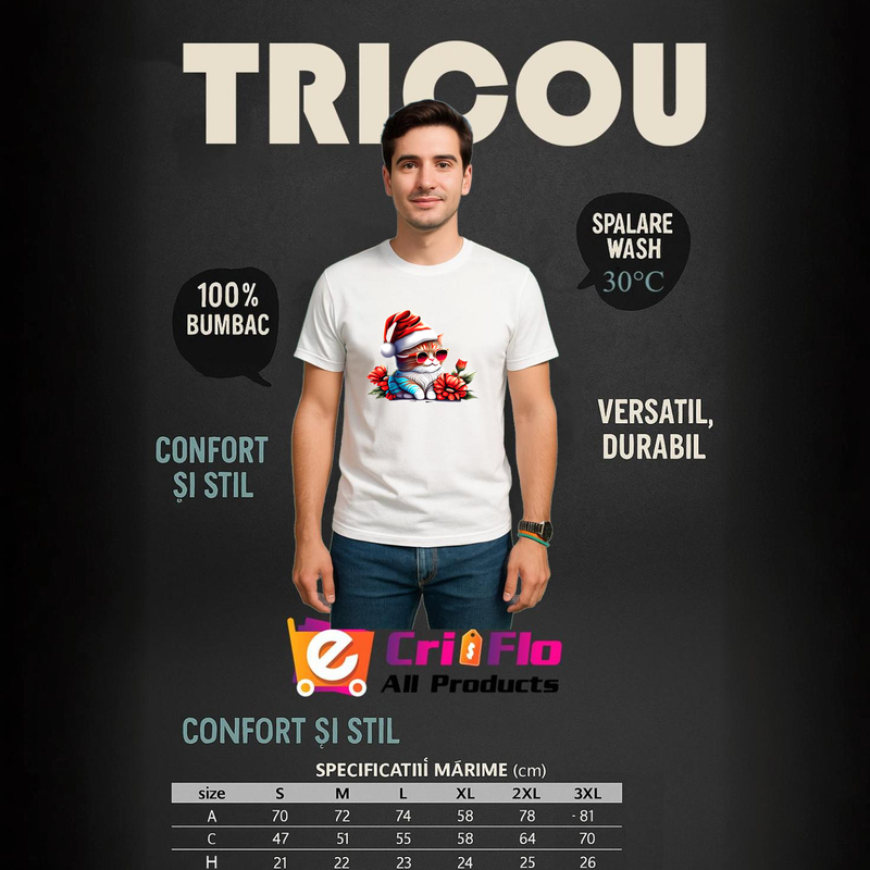 Tricou Pisica Craciun cu caciula rosie si fundal negru, Barbat, 100% bumbac, Cri-Flo, Culoare Alb, Marime S