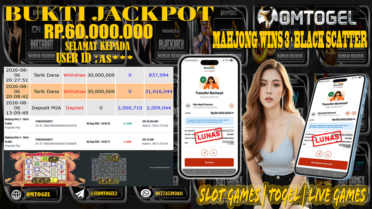 OMTOGEL JACKPOT PRAGMATICPLAY  MAHJONG WINS 3 BLACK SCATTER  Rp,60,000,000,- DIBAYAR LUNAS