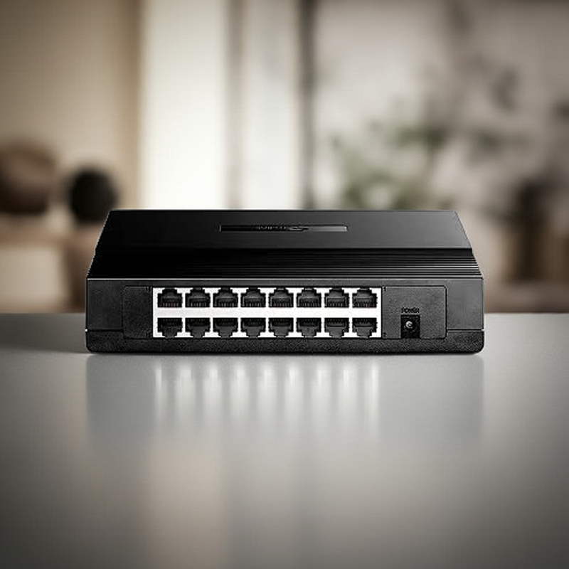 Switch TP-Link TL-SF1016D visto de perto, mostrando o acabamento e a qualidade dos materiais.