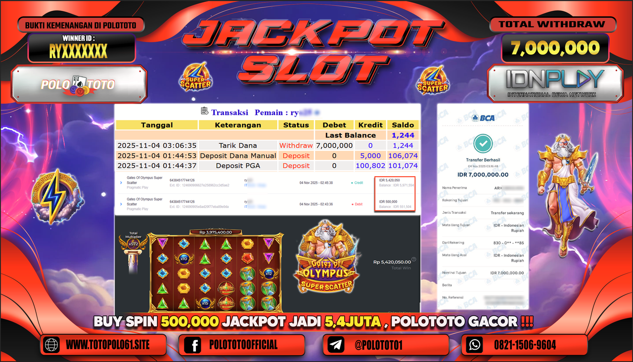 POLOTOTO JACKPOT SLOT GATES OF OLYMPUS SUPER SCATTER Rp.7.000.000,- LUNAS