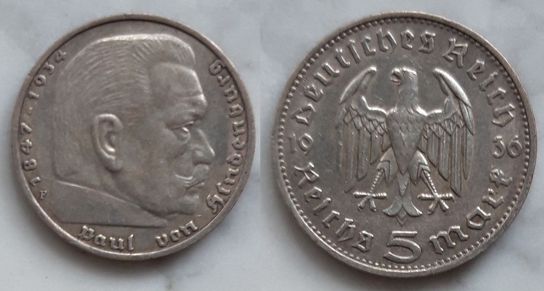 5 Reichsmark 1936. Hindenburg sin esvásticas. Stuttgart 5m36f