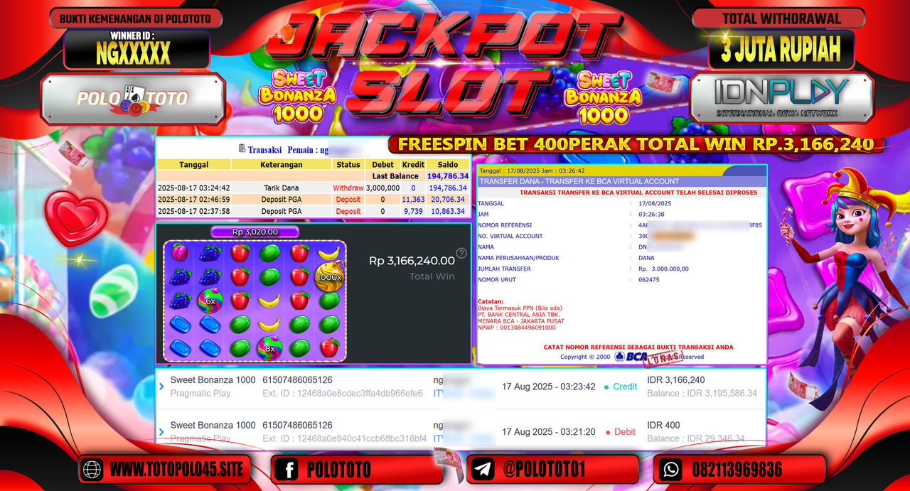 POLOTOTO JACKPOT SLOT SWEET BONANZA 1000 Rp.3.000.000,-