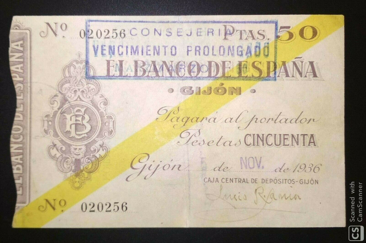 Gijón - 10 Ptas Banco de España en Gijón. Billete manipulado 50-Ptas-Sello-falso-Vencimiento-prolongado