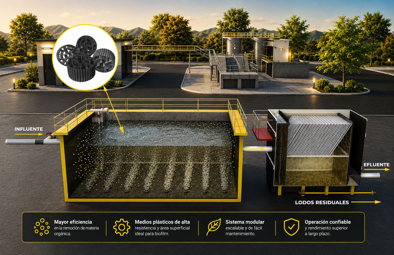 Diagrama del proceso de tratamiento MBBR: tanque de aireación, medio biofilm, rejilla de aireación y tamiz de retención