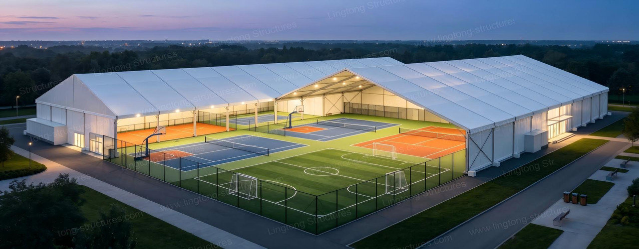 Large span aluminum sports court tent with clear interior for tennis, basketball and multi-sports activities