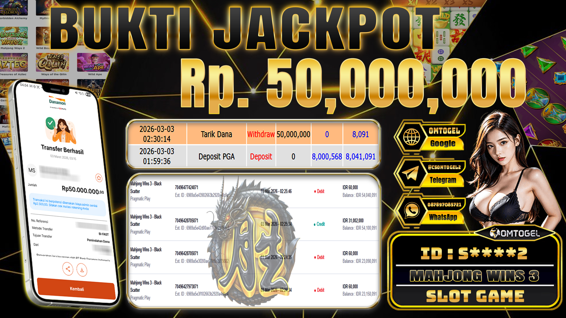 OMTOGEL JACKPOT PRAGMATIC PLAY MAHJONG WINS 3 - BLACK SCATTER, 50 JUTA DI BAYAR LUNAS ,-