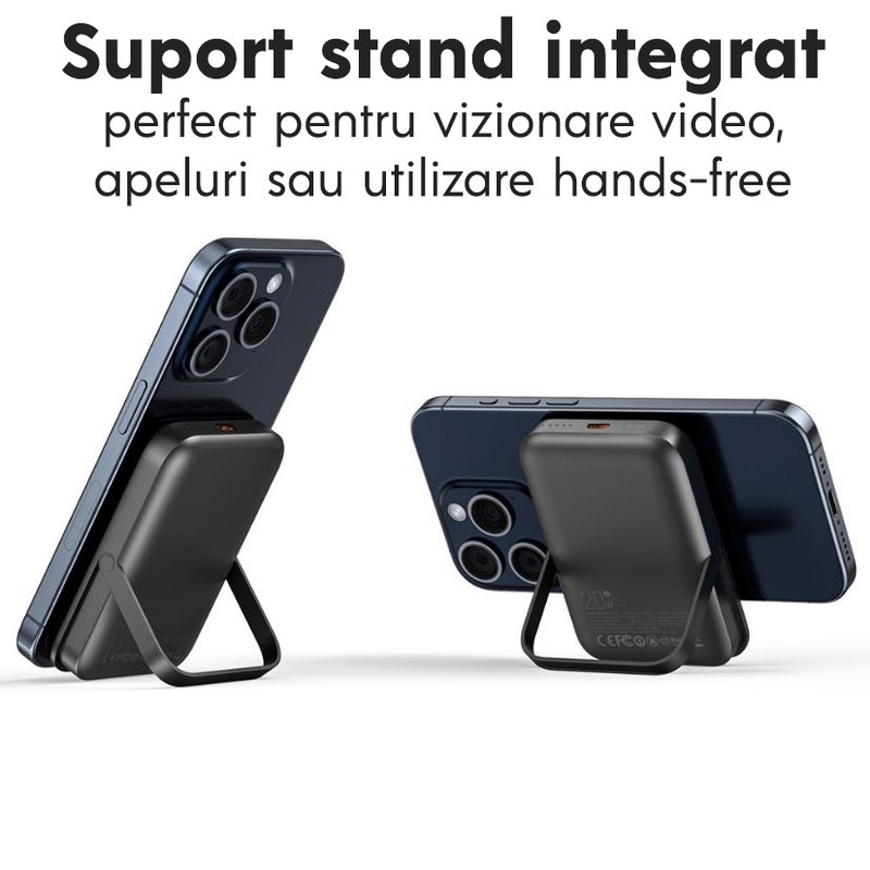 Baterie externa cu incarcare wireless XO PR242, 15W+PD20W, Magnetica, Suport Stand, 5000mAh, Incarcare rapida, Alb baterie magsafe xo pr242 5000mah suport sustinere incarcare rapida cu port type c negru 4
