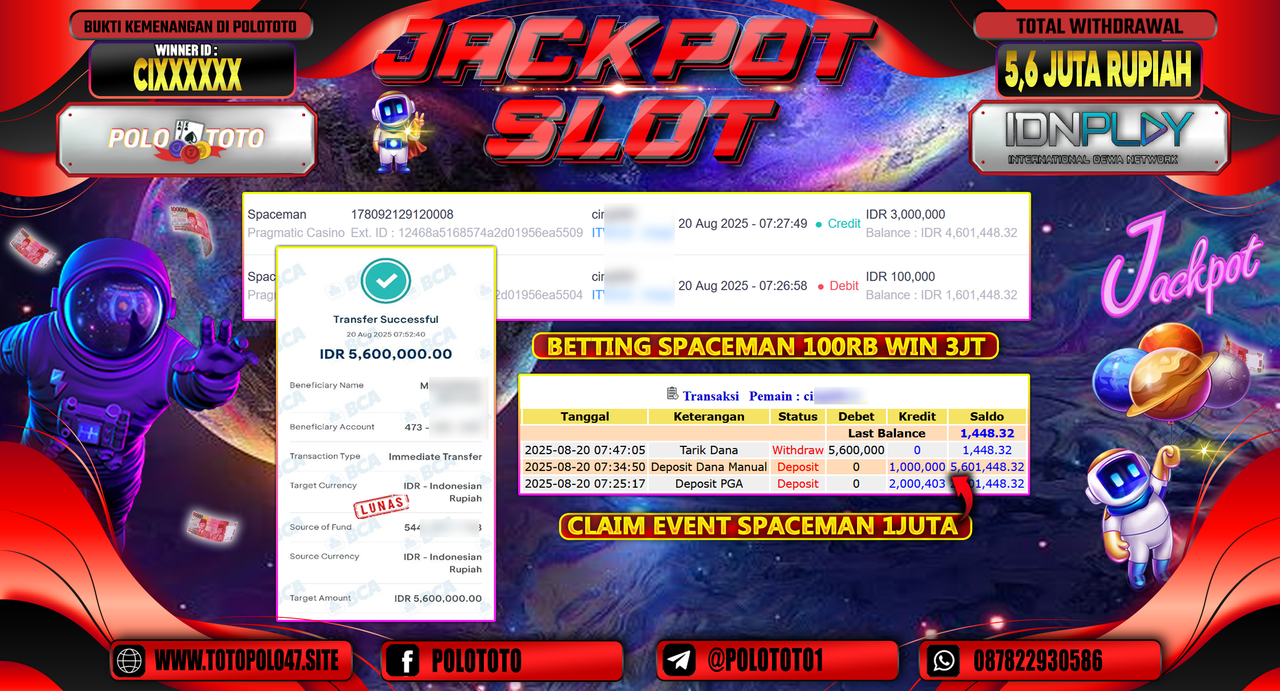 POLOTOTO JACKPOT SLOT SPACEMAN Rp.5.600.000,-