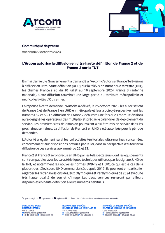 LArcom autorise la diffusion en ultra-haute définition de France 2 et de France 3 sur la TNT