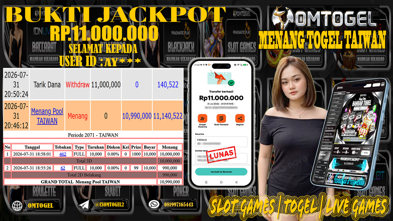 OMTOGEL JACKPOT MENANG TOGEL TAIWAN  Rp,11,000,000,- DIBAYAR LUNAS