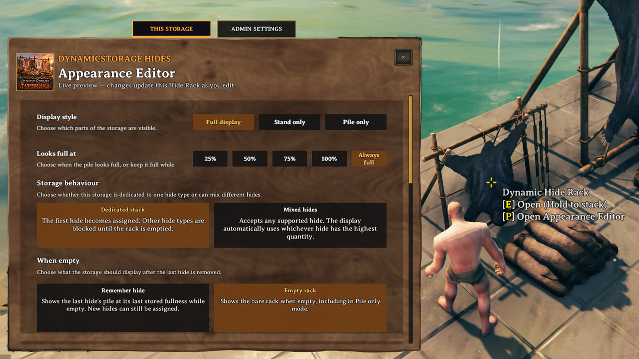 The in-game Appearance Editor beside a Dynamic Hide Rack