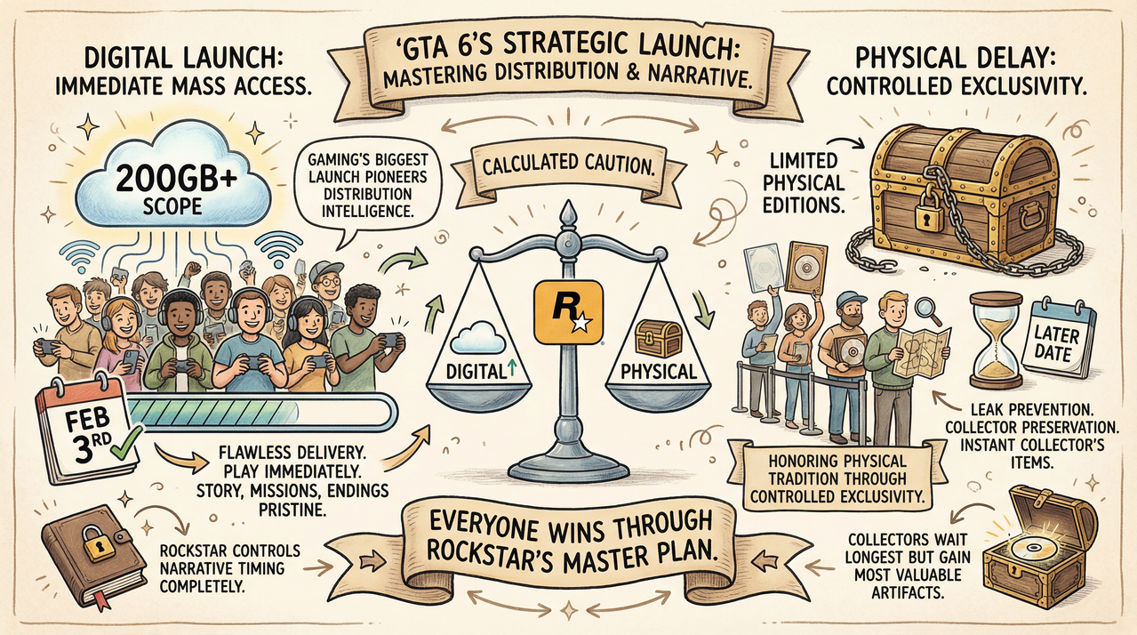 GTA 6 Physical Copies Delayed to 2027? Leak Prevention Strategy Shocks Collectors 1 GTA style open world cityscape at night with neon lights