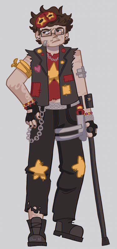A digital drawing of the webmaster's Killjoy OC. He wears a red mask with yellow stars over each eye, a vest covered in patches, a red shirt with a yellow star, black jeans with yellow stars on the knees, and black boots. He has burn scars on his left side, especially on his arm. His right arm holds a forearm crutch he leans on. He looks to the side with a bitter expression.