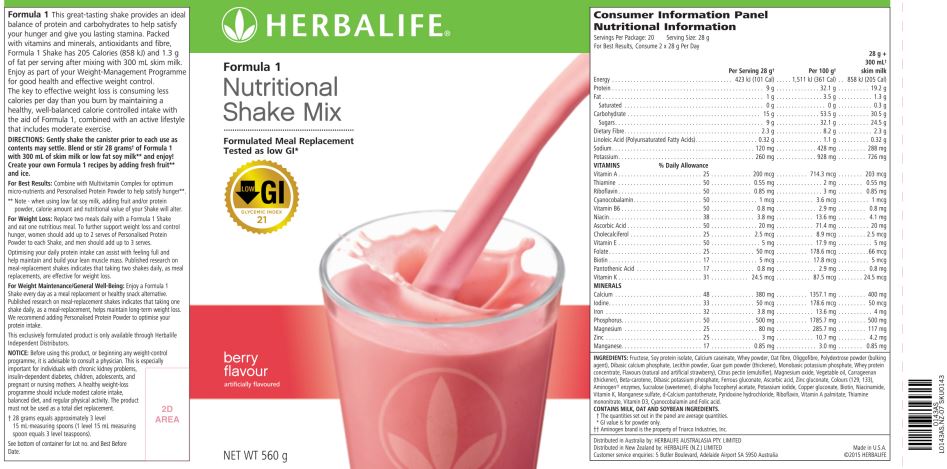 New Herbalife Nutrition Formula 1 Nutritional Shake Mix 560g - Berry ...