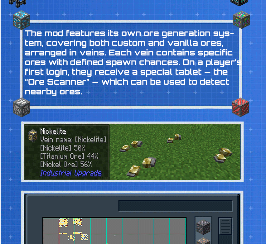 The mod features its own ore generation system, covering both custom and vanilla ores, arranged in veins. Each vein contains specific ores with defined spawn chances. On a player’s first login, they receive a special tablet — the “Ore Scanner” — which can be used to detect nearby ores.