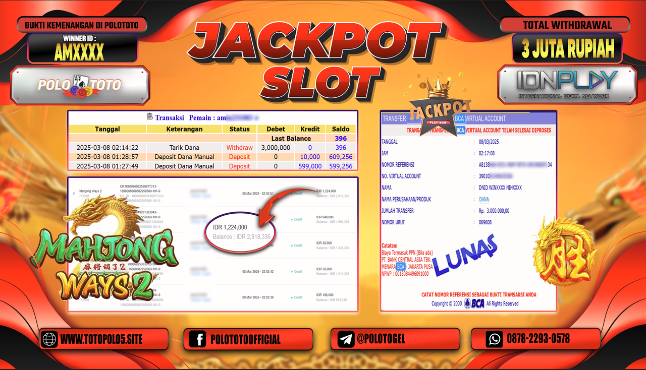 POLOTOTO JACKPOT SLOT MAHJONG WAYS 2 Rp.3.000.000,-